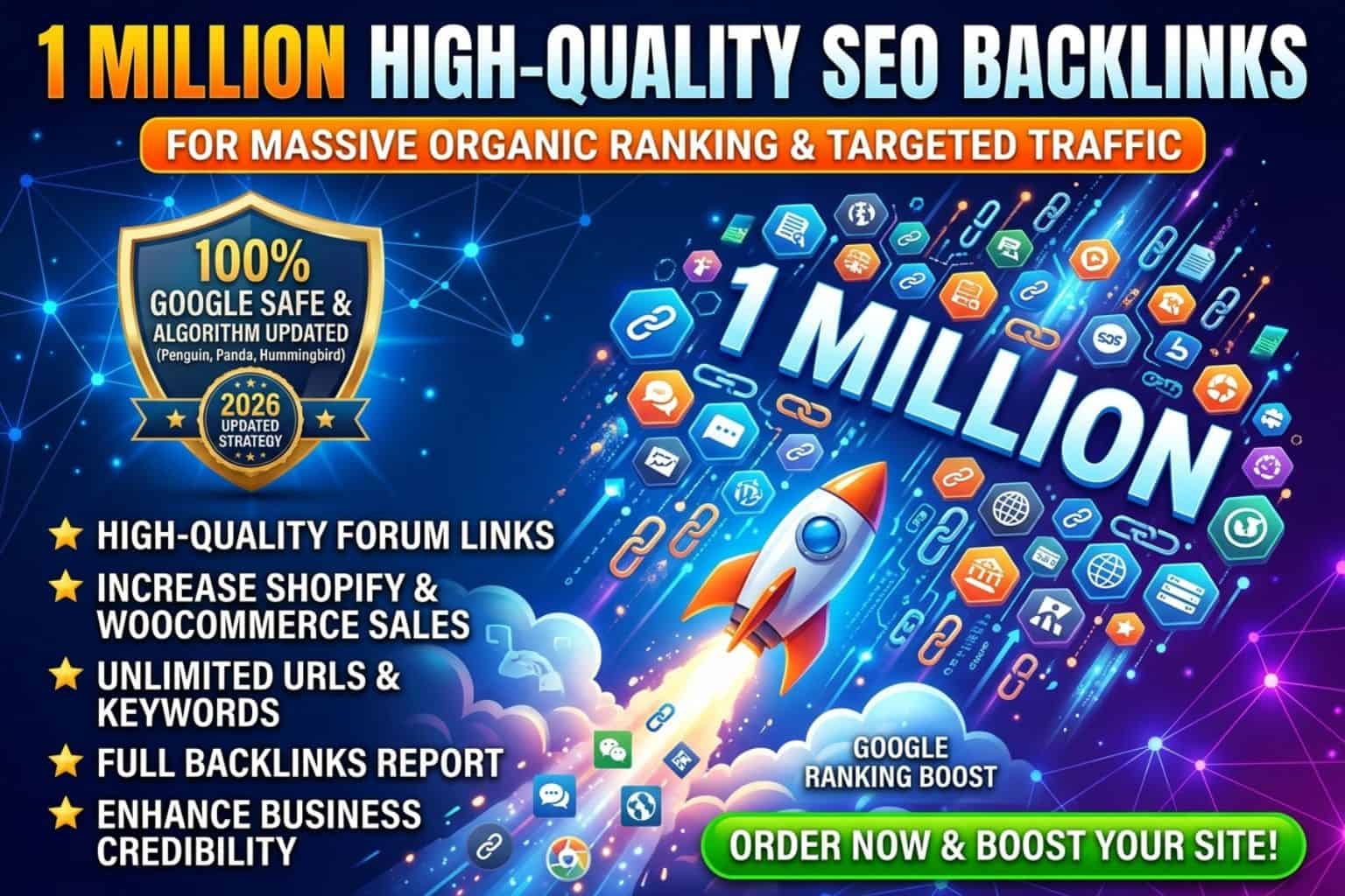 1 million backlinks High-converting promotional graphic banner for a 1 Million High-Quality SEO Backlinks service, featuring 3D text, ranking rocket graphic, safety badges, and service highlights.