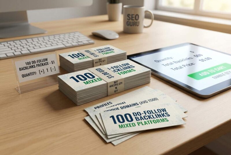 100 Do-Follow Backlinks Package for $1 featuring mixed platform links, domain diversity, and multiple quantity ordering options.
