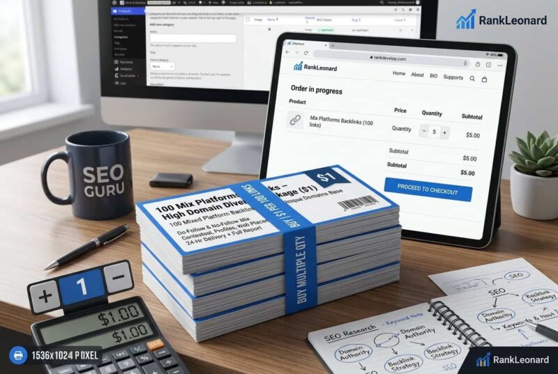 100 Mix Platforms Backlinks package for $1 showing high domain diversity, natural do-follow and no-follow links, and multiple order quantity options.