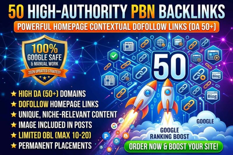 High-converting promotional banner for a 50 High-Authority PBN Backlinks service, displaying homepage DoFollow links, ranking rocket launch visual, and safety badges.