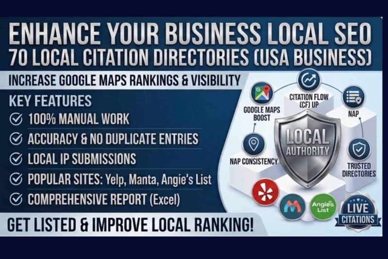 70 USA local citation directory submissions for business local SEO optimization on Yelp Manta and Angie List.