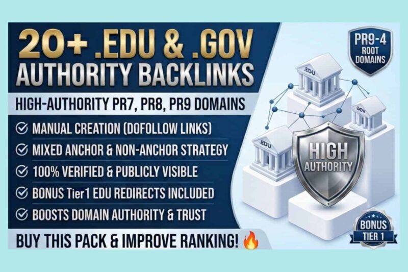 20+ High Authority EDU and GOV Backlinks banner featuring PR7 PR8 PR9 root domains and SEO service details
