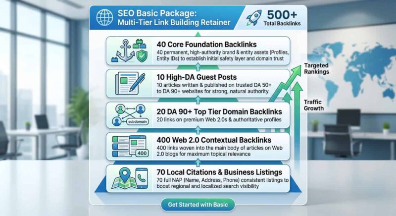 Monthly Basic SEO Package infographic showing 500 multi-tier backlinks breakdown including guest posts and core foundation links