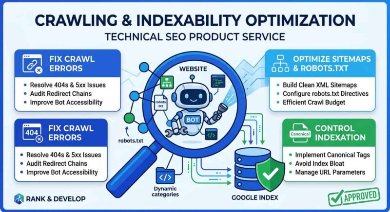 Crawling and Indexability Optimization Technical SEO Service Banner showing site auditing, robots.txt, and sitemap fixes