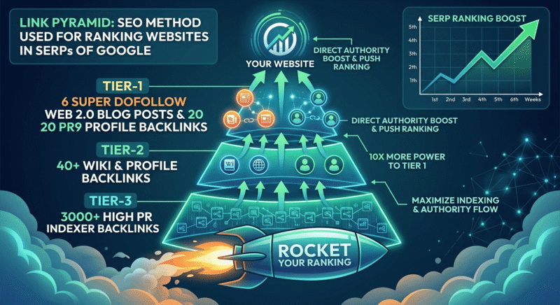 Diagram illustrating a 3-tier SEO link building pyramid boosting website authority and SERP rankings with Tier 1, Tier 2, and Tier 3 backlinks.